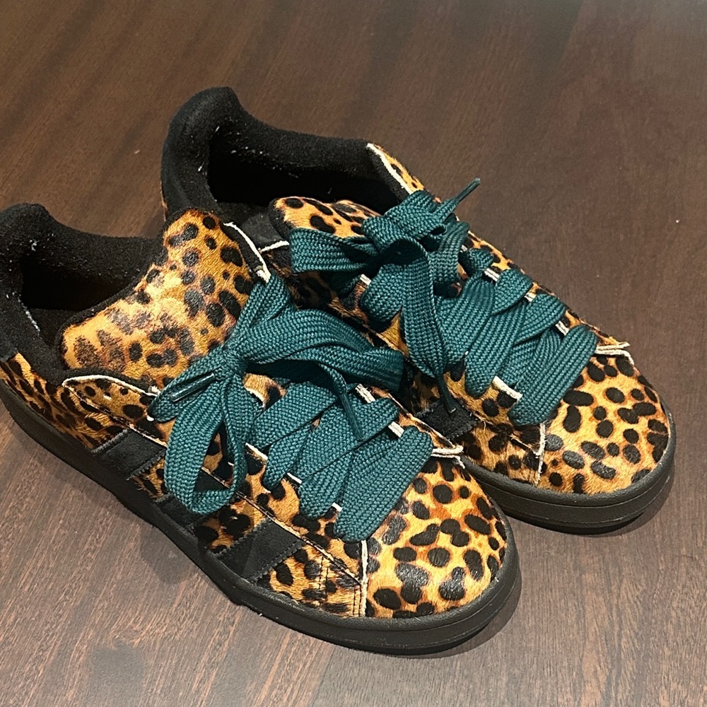 Leopard Print Adidas Sneakers with Green Laces